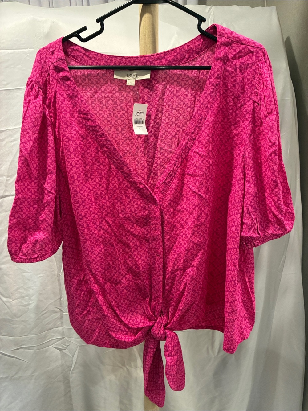 LOFT Hot Pink Tie-Front Print Blouse